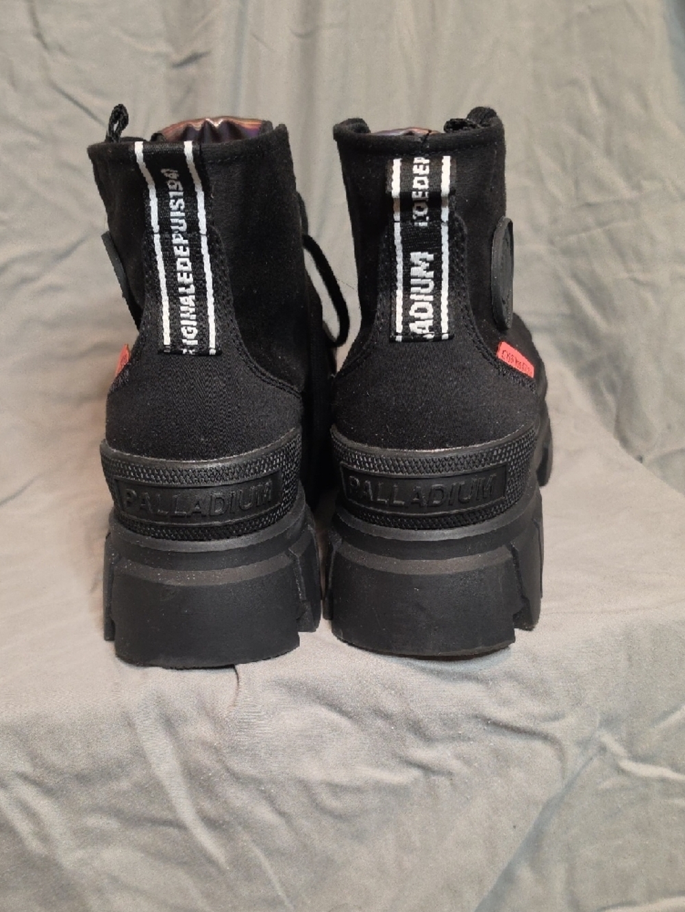 Palladium Black Canvas Lug-Sole Ankle Boots with Iridescent Tongue - Picture 4 of 6